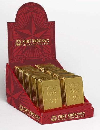 Fort Knox Gold, Luxury Chocolate Packaging Design Boxes, Gold Coins Chocolate, Chocolate Tin Box Packaging, Chocolate Gold Coins, Gold Milk, Banana Candy, Fort Knox, Gold Candy