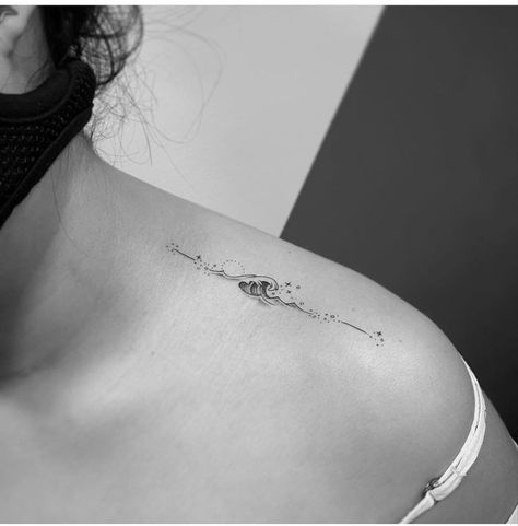 Deep End Tattoo, Creative Shoulder Tattoos, Shoulder Tattoo Minimalist, Humanity Tattoo, Ocean Minimalist Tattoo, Small Shoulder Tattoos For Women, Zee Tattoo, Small Shoulder Tattoos, Writing Tattoos