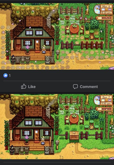 Have Robin mov the bin for more space in the 1.5 update Stardew Cute Farm, Stardew Valley Painting Buildings, Stardew Valley Outdoor Storage, Stardew Valley Starter House, Best Stardew Valley Layout, Stardew Valley House Paint Ideas, Stardew Valley Farm Entrance, Stardew Valley Farm Building Colors, Stardew House Exterior