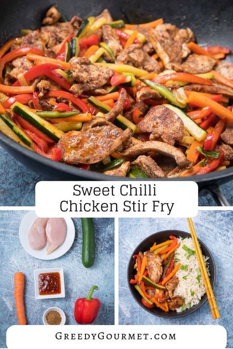 Make this sweet chili chicken stir fry recipe. You'll need humble ingredients like courgette, red bell peppers and carrots. Make your own variation & enjoy! #stirfry #chicken #chilli Sweet Chili Stir Fry, Stir Fry Ideas, Chilli Chicken Stir Fry, Venison Chili Recipe, Pork Stir Fry Recipes, Chicken Stir Fry Recipe, Chicken Chilli, Sweet Chilli Chicken, Sweet Chili Chicken