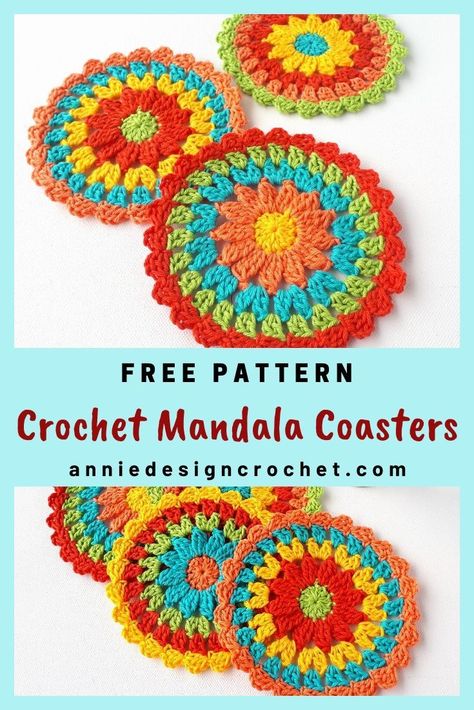 A free crochet pattern for easy crochet coasters! Made in the round, this modern pattern for a crochet Mandala will have you reaching for your stash to make some in all the colours. Includes a step by step picture tutorial! Easy Crochet Coasters, Crocheted Coasters, Crochet Coasters Free Pattern, Crochet Coaster Pattern, Crochet Mandala Pattern, Small Crochet, Blanket Diy, Crochet Circles, Crochet Doily Patterns