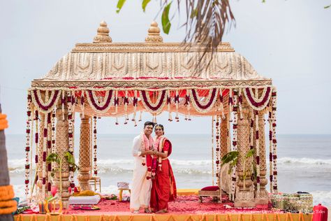 Traditional Mandap, All White Wedding Decor, Indian Beach Wedding, Vidhi Mandap, Budget Beach Wedding, White Wedding Decor, Mandap Design, Indian Destination Wedding, Goa Wedding