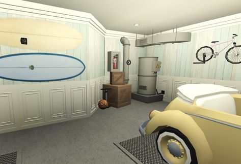 Garage Interior Bloxburg, Cute Garage Ideas Bloxburg, Coastal Garage Interior, Coastal Mudroom Bloxburg, Bloxburg Coastal House Ideas Exterior, Bloxburg House Ideas 2 Floor Layout Coastal, Coastal Decor Decals Bloxburg, Beachy Garage, Coastal Garage Bloxburg