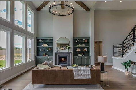 Two Story Room, Retreat Decor, Two Story Fireplace, High Ceiling Lighting, Let There Be Light, Lots Of Windows, Recessed Ceiling Lights, Buying A New Home, Large Chandeliers