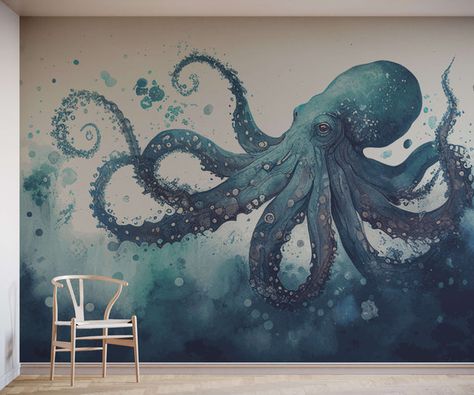 Watercolour Octopus, Wallpaper In Bathroom, Octopus Wallpaper, Tree Wallpaper Mural, Octopus Wall Art, Van Gogh Almond Blossom, Watercolor Ombre, Clay Wall Art, 3d Wall Decor