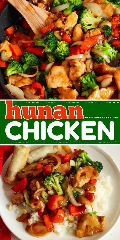 Craving your favorite takeout? Here's a chicken dinner recipe featuring a classic Chinese stir fry! It's a simple family meal. Cooked in a savory, spicy sauce with vegetables, this homemade Hunan Chicken is full of bold flavors! Hunan Chicken Recipe, Hunan Chicken, Chicken Chop Suey, Chicken Delight, Vegetable Stir Fry Recipe, Chicken Dinner Recipe, Chinese Stir Fry, Thai Foods, Chinese Cooking Recipes