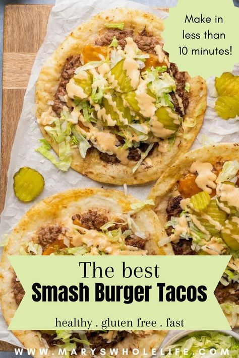 This Big Mac Taco Recipe is a gluten free rendition of the viral recipe for smash burger tacos! They are so easy to make in less than 10 minutes and have all the flavors of your favorite McDonald’s Big Mac burger, complete with a homemade big mac sauce! Big Mac Smash Burger, Smash Burger Tacos, Big Mac Tacos, Mac Tacos, Homemade Big Mac Sauce, Burger Tacos, Big Mac Sauce Recipe, Homemade Big Mac, Smash Burger Recipe