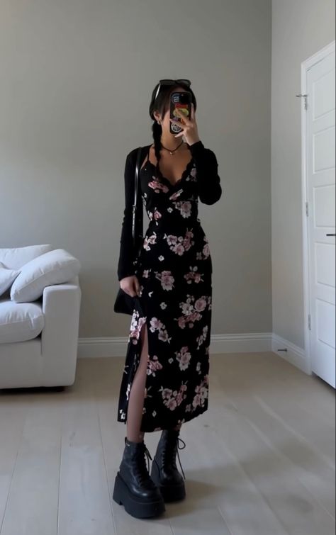 Museum Date Outfit Spring, Grunge Summer Dress, Cami Dress With Shirt Underneath, Cami Dress With Shirt, Thrift Store Outfits Ideas, Wedding Guest Outfits Fall, Thrift Clothes Aesthetic, Dress With Shirt Underneath, Dress With Shirt