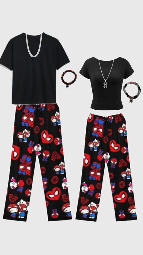 Matching Pjs Spiderman, Spiderman Pjs Couple, Cute Matching Pjs For Couples, Partner Outfit Couple, Matching Christmas Pjs For Couples, Bf And Gf Matching Outfits, Cute Matching Pajamas For Couples, Cute Matching Outfits For Couples, Spiderman Pjs