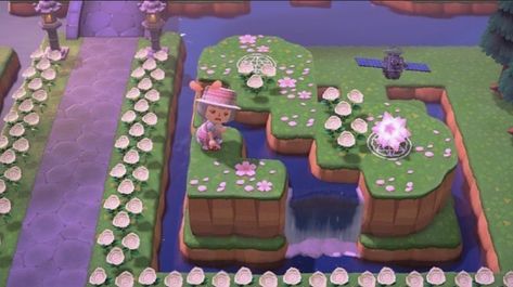 Heart Lake Acnh, Heart Lake Animal Crossing, Heart Shaped Pond Animal Crossing, Acnh Heart Cliff, Heart Cliff Animal Crossing, Acnh Pond Shape Ideas, Heart Pond Animal Crossing, Acnh Heart Waterfall, Animal Crossing Lovecore