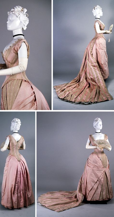 Evening dress with presentation train, United Kingdom, ca. 1880s. Plain and brocaded pink silk faille. Photo: Anne Bissonnette. Univ. of Alberta 1880s Dress Evening, Pink Evening Dress Silk, 1880 Evening Gown, 1870s Evening Gown, 1870s Evening Dress, Natural Form Dress, 1890s Evening Gown, Victorian Dress 1880, Victorian Evening Gown