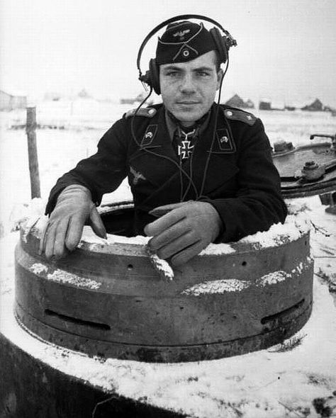 German Army Oberleutnant Dr. Wilhelm Knauth (1916-1945) in the turret of a Tiger I tank in Russia (January-February 1944). He was also a recipient of the Knight's Cross of the Iron Cross, which was awarded to recognize extreme battlefield bravery or successful military leadership. Image by Wehmeyer via the Bundesarchiv Germany Ww2, Ww2 Photos, Tiger Ii, Wwii Photos, German Soldiers Ww2, German Uniforms, Tiger Tank, German Tanks, Tanks Military