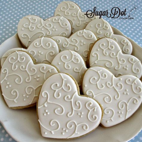 Sugar Dot Cookies: White on White Heart Sugar Cookies (Simple but very pretty) Decorated Bridal Shower Cookies, Decorated Cookies Wedding, Fancy Cookies Wedding, Heart Cut Out Cookies, Shower Cookies, Bridal Shower Cookie Ideas, Bridal Shower Cookies Simple, Simple Bridal Shower Cookies, Sugar Cookie Hearts