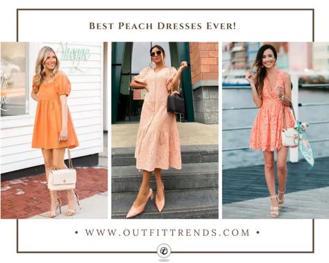 20 Best Peach Dresses & Tips on How to Wear a Peach Dress Retro Peach Dress For Spring, Peach Summer Midi Dress For Day Out, Peach Midi Dress For Day Out, Feminine Peach Midi Dress For Day Out, Peach Floral Print Party Dress, Peach Dress Outfit, 80s Theme Party Outfits, Peach Color Dress, Peach Clothes