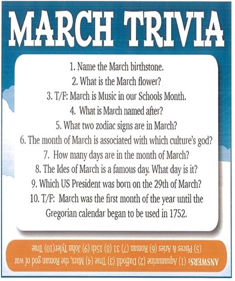 March Week 1 Trivia Seniors Activities, Trivia For Seniors, Paper Activities, God 7, Senior Activities, Week 1, March Birth Stone, Months In A Year, Trivia