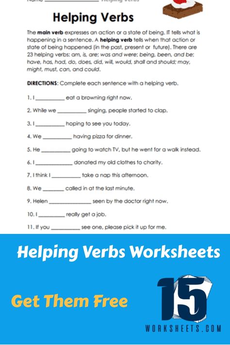 These free worksheets include a variety of exercises to help students learn how to identify and use different helping verbs in different contexts. Helping Verbs Worksheet, Verbs Worksheet, Verb Words, Main Verbs, Helping Verbs, Subject Verb Agreement, Verb Forms, The Tenses, Verb Worksheets