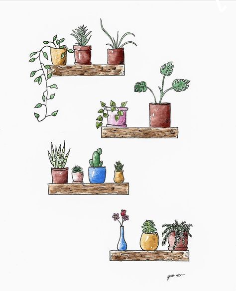 Plant Shelf Drawing, Plants On Shelf Drawing, Potted Plant Drawing, Cute Pot Plant Drawing, Potted Plant Doodles, Bookshelf Drawing, House Plant Illustration Simple, Plant Doodle, Bookshelf Art