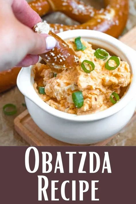 Obatzda is a German Beer Cheese Spread that is served with soft pretzels. This recipe is made with brie cheese, cream cheese, onions, and spices. German Dip Recipes, German Appetizer Recipes, German Cheese Dip, Oktoberfest Snack Board, German Dips, Octoberfest Appetizers, German Cheeses, Obatzda Recipe, German Thanksgiving