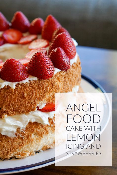 Angel Food Cake Icing, Gluten Free Angel Food Cake, Lemon Angel Food Cake, Dairy Free Cake Recipe, Strawberry Angel Food Cake, Bakery Style Cake, Angel Food Cake Desserts, Dairy Free Cake, Lemon Icing