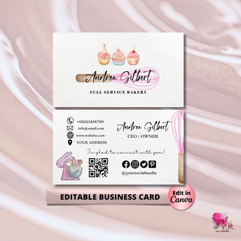 MODERN Creative Pink Watercolor Bakery Business Card Template DIY Business Card Editable Printable Business Card Design Cake Business Card by ZethStudio on Etsy Watercolor Bakery, Bakery Business Cards Templates, Cake Business Cards, Visit Card, Bakery Business Cards, Baking Packaging, Printable Business, Design Cake, Printable Business Cards