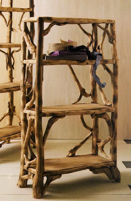 Twig Bookshelf Wooden Bookshelves, Willow Furniture, Rustic Furniture Design, Twig Furniture, Rustic Bedroom Furniture, Driftwood Furniture, Rustic Furniture Diy, Rustic Living Room Furniture, Wood Furniture Design