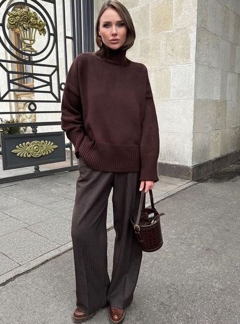 Grey Brown Outfit, Burgundy And Brown Outfit, Brown Tones Outfit, Chocolate Brown Outfit, Fudge Ideas, Velvet Pants Outfit, All Brown Outfit, Brown Coat Outfit, Brown Knit Sweater