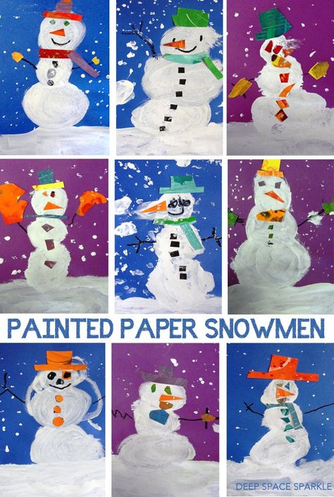 Kinders paint a snowman and use painted paper to add details Snow Man Painting, Paint A Snowman, Kindergarten Art Ideas, January Ideas, January Art, Snowman Art, Kindergarten Art Lessons, Creative Art Projects, Theme Preschool