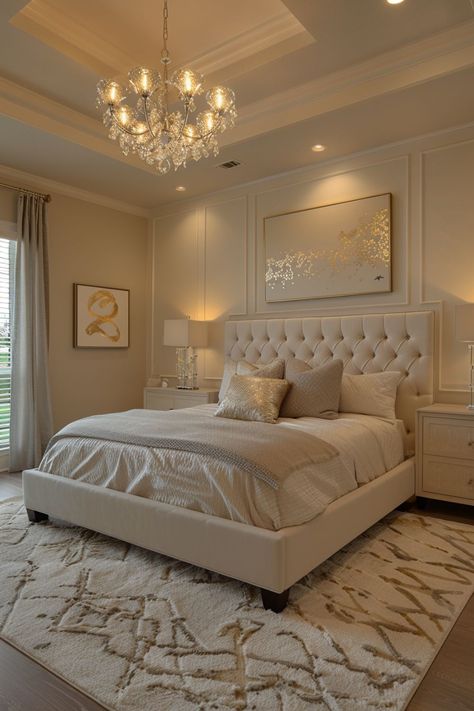 Yellow Bedroom Inspirations, White Bedroom Gold Accents, Bedroom Ideas Basic, Gold Bedroom Accents, Accent Wall Beige, French Apartment Bedroom, Cozy Beige Bedroom, Ideas Recamaras, Bedroom Ideas Beige