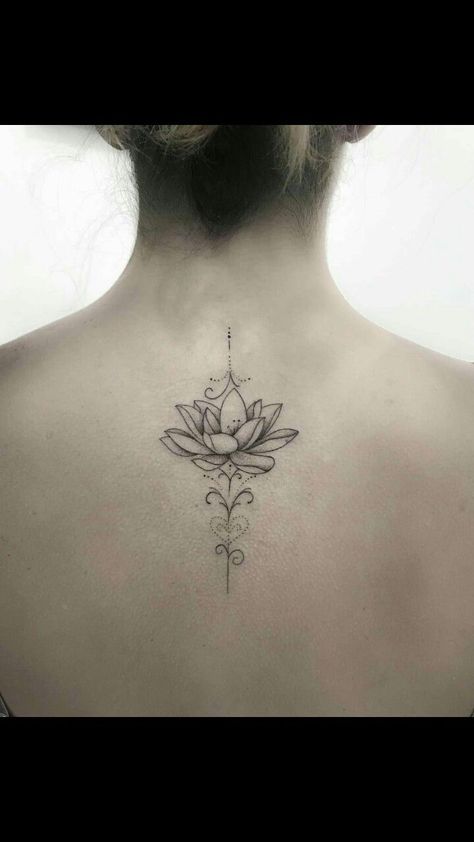 Lotus Back Of Neck Tattoo, Lotus Flower Tattoo On Neck, Lotus Flower Tattoo Back, Back Tattoo Women Upper, Simple Lotus Flower Tattoo, Lotusblume Tattoo, Feminine Back Tattoos, Tribute Tattoos, Lotus Tattoo Design