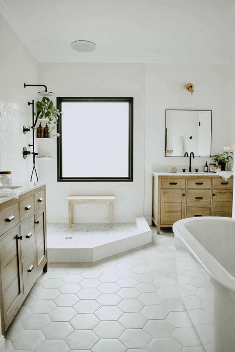 Modern Eclectic Bathroom, Neutral Bathroom, Large Bathroom, Hexagon Tile, Eclectic Bathroom, Basement Bathroom, Tile Floors, Bathroom Renos, Bathroom Remodel Master