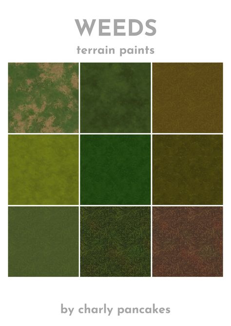 weeds - custom terrain paint - download | Patreon Sims 4 Terrain Paint, Sims 4 Terrain Cc, Terrain Texture, Los Sims 4 Mods, Grass Painting, Farm Layout, Kitchen Clutter, Sims 4 Mm Cc, Sims Games