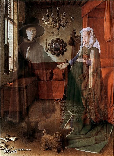 GIOVANI ARNOLFINI AND HIS WIFE (1434) - Jan & Hubert VAN EYCK - röntgen Arnolfini Portrait, Van Eyck, Jan Van Eyck, Art Interiors, Oak Panels, Art Parody, Western Art, Interior Art, Ghost