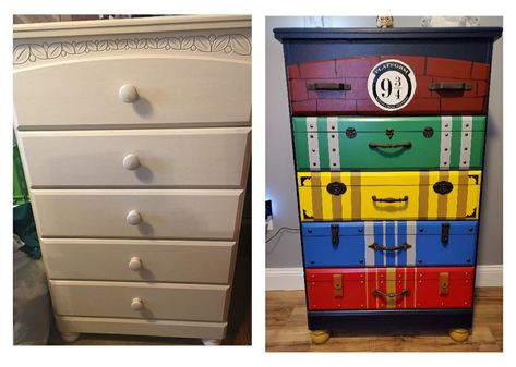 We got a dresser from a friend and after looking at luggage dressers on Pinterest decided I wanted to create a Harry Potter Themed one for our sons Nursery. Paint is all Sherwin Williams, hardware Hobby Lobby and decal was bought and printed on a Cricket. Harry Potter Changing Table, Harry Potter Dresser Ideas, Harry Potter Dresser Diy, Sherwin Williams Hardware, Harry Potter Room Ideas Bedrooms, Harry Potter Dresser, Harry Potter Nursery Theme, Harry Potter Furniture, Hp Nursery