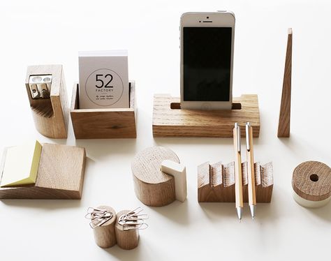 the 10 piece set includes: pencil sharpener, ruler, phone dock, card, post-it note, and eraser holders, paper clip magnet, tape dispenser, and pen case. Diy Desk Organization, Wooden Objects, Gift For Architect, Workspace Desk, Desk Organization Diy, Wooden Desk Organizer, Ad Magazine, Into The Wood, Desk Tidy