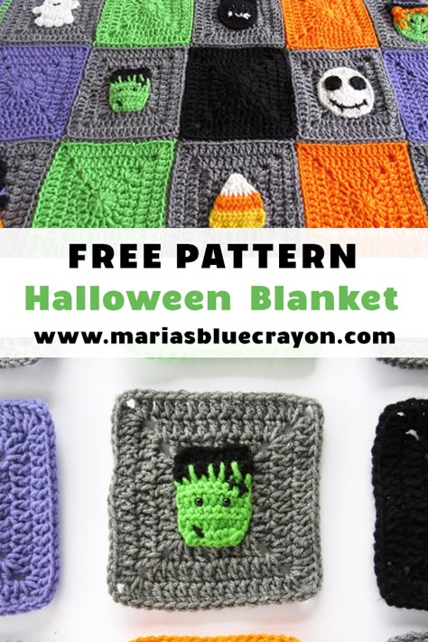 Crochet this frankenstein granny square pattern as part of the Halloween blanket! #halloween #blanket #frankenstein Frankenstein Granny Square, Halloween Crochet Squares, Ghost Granny Square, Halloween Granny Square Crochet, Halloween Blanket Crochet, Crochet Blanket Size Chart, Crochet Blanket Size, Halloween Granny Square, Easy Crochet Blankets