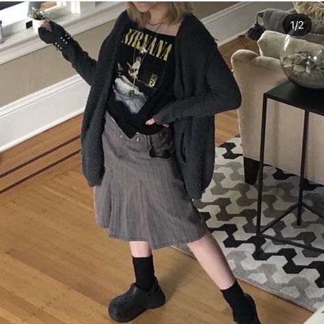 Goth Crocs Outfit, Goth Crocs, Grunge Cardigan, Crocs Outfit, Cardigan Skirt, Random Outfits, Sock Outfits, Indie Kids, Knee Socks