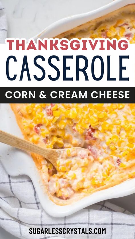 Make this delicious Thanksgiving corn casserole for your holiday meal! Using frozen corn and cream cheese for extra creaminess, this easy dish bakes up perfectly in an 8x8 pan. It’s ideal for any family gathering, providing a quick, gluten-free side that everyone will love. Try this rich, flavorful casserole that pairs well with all your favorite holiday dishes! Corn Bacon Casserole, Corn Dish Thanksgiving, Corn Casseroles For Thanksgiving, Corn Casserole Recipe With Cream Cheese, Corn Cream Cheese Casserole, Thanksgiving Corn Casserole Recipe, Corn Thanksgiving Side Dish, Corn Dishes For Thanksgiving, Frozen Corn Recipes Side Dishes