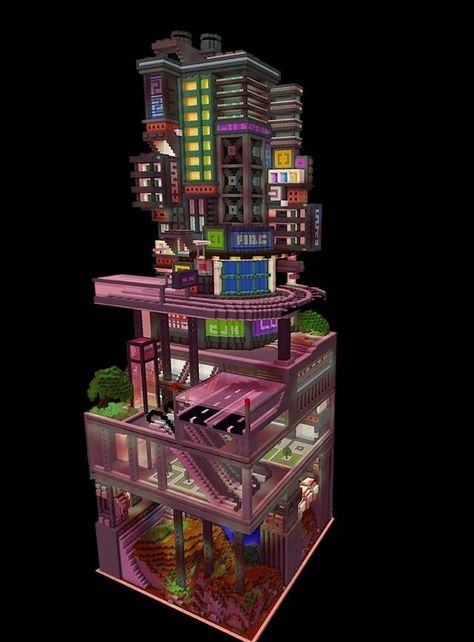 Cyberpunk Minecraft, Layered City, Cyberpunk House, Minecraft Cyberpunk, Minecraft Modern City, Minecraft Steampunk, Minecraft Banner Designs, Minecraft Interior Design, Minecraft House Plans