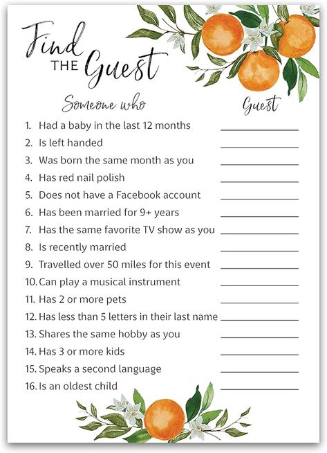 Amazon.com: A Little Cutie Baby Shower — FIND THE GUEST Baby Shower Game — Pack of 25 — Icebreaker Baby Shower Party Games, Citrus Orange Theme, Gender Neutral Guess Who Came to the party Game G350-FTG : Home & Kitchen Cutie Baby Shower Theme Orange, Cuties Baby Shower Ideas, Orange Baby Shower Ideas, Orange Theme Baby Shower Ideas, Lil Cutie Baby Shower Theme, Citrus Baby Shower Theme, Cutie Themed Baby Shower Ideas, A Little Cutie Baby Shower Theme, Little Cutie Baby Shower Ideas