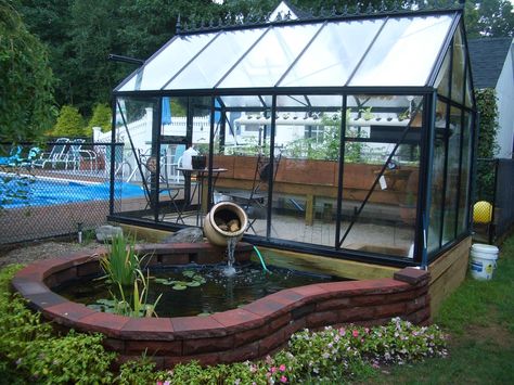 Greenhouse Aquaponics.... We ended up incorporating an Aquaponic system into our greenhouse and hope to be able to garden most of the year. What we ended up with is a 8' X 12' glass pane greenhouse with a 500 gallon garden pond incorporated into the design. You will see that the pond extends under the greenhouse. Aquaponics Setup, Diy Aquaponics Fish Tank, Aquaponics Fish Tank, Aquaponics Greenhouse, Backyard Aquaponics, Aquaponics Fish, Aquaponics Diy, Aquaponic Gardening, Greenhouse Ideas