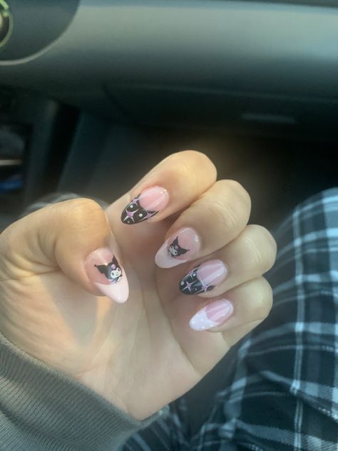 Cute acrylic kuromi nail w stickers Short Acrylic Nails Designs Kuromi, Sanrio Nails Acrylic Kuromi, Nail Ideas Kuromi, Nails Acrylic Kuromi, Kuromi Nails For Kids, Kuromi Nails Short Simple, Cute Kuromi Nails, Sanrio Nail Art Kuromi, Kuromi Nails Acrylic Short