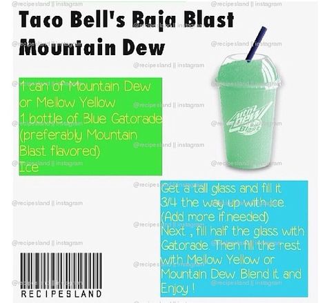 Taco bells Mountain Dew Baja blast Baha Blast, Best Starbucks Drinks, Baja Blast, Secret Starbucks Drinks, How To Make Taco, Punch Drinks, Diy Drinks, Starbucks Drinks Recipes, Flavor Ice