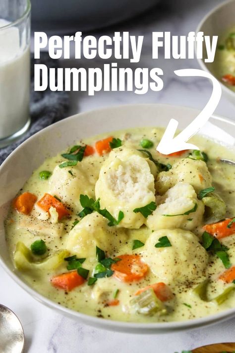 Learn all the tips and tricks to make super fluffy dumplings that cook up light and airy in your soup or stew. Also known as Drop Dumplings. The Best Chicken And Dumplings, Fluffy Dumpling Recipe, Dumplings Video, Best Chicken And Dumplings, Fluffy Dumplings, Drop Dumplings, Creamy Chicken Stew, Stew And Dumplings, Cornish Hen