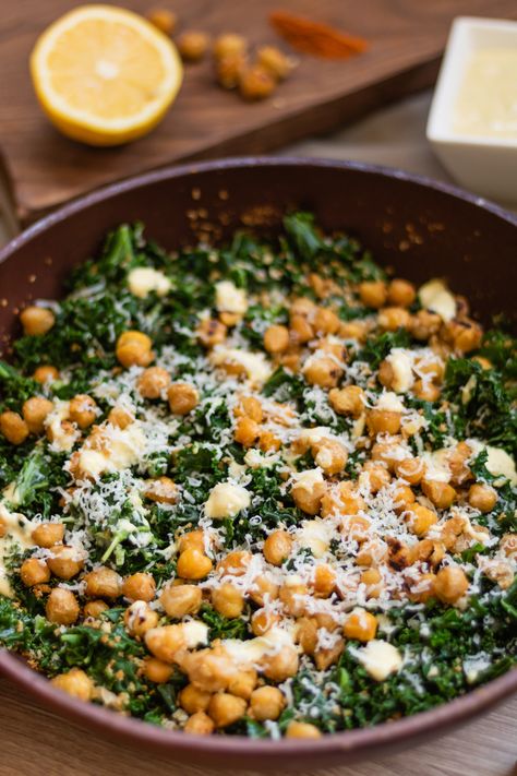 Shredded Kale Recipes, Kale Chick Pea Salad, Spicy Kale Caesar Salad, Kale Salad With Chickpeas, Kale Pasta Caesar Salad, Crispy Chickpeas Salad, Kale Chicken Caesar Salad, Crispy Kale Salad, Warm Chickpea Salad