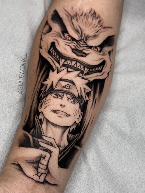 Naruto And Kurama Tattoo, Naruto Sleeve Tattoo, Kurama Naruto Tattoo, Kurama Tattoo Design, Naruto Inspired Tattoos, Naruto Shippuden Tattoo Ideas, Naruto Tattoo Ideas Design, Naruto Anime Tattoo, Anime Tattoos Naruto