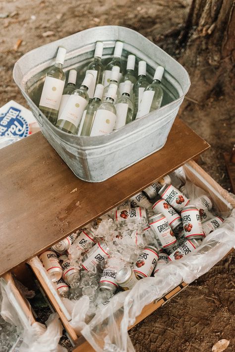 Dreamy DIY Backyard Langley Wedding with Chelan & Andrew — The Koebels Wedding Coolers Drink Stations, Self Serve Cocktail Bar Wedding, Self Serve Bar Ideas For Wedding, Selfserve Bar Wedding, Self Serving Bar Wedding, Boho Drink Station, Self Serve Alcohol Bar Wedding, Self Service Bar Wedding, Wedding Self Serve Bar