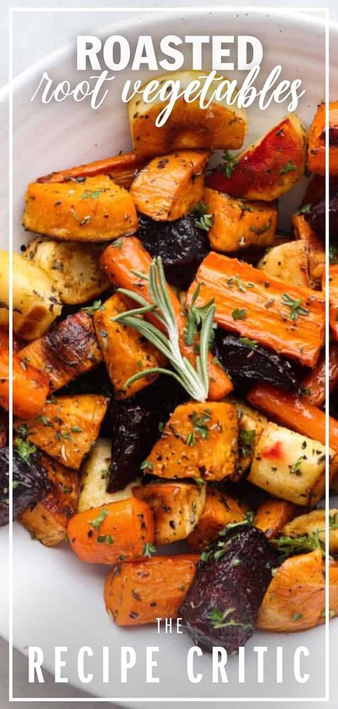 Oven Roasted Root Vegetables, Root Vegetables Recipes, Roasted Fall Vegetables, Veggie Side Dish Recipes, Roasted Root Veggies, Oven Vegetables, Roasted Vegetables Oven, The Recipe Critic, Recipe Critic