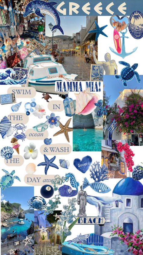 Sea restaurants pets the collor blue and pink Greece Collage, Greece Scrapbook, Stuff Aesthetic, Scrapbook Printing, Mama Mia, Grand Hotel, Phone Backgrounds, Mood Board, Greece