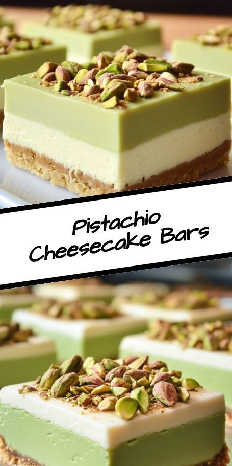 Elegant Pistachio Delight Cheesecake Bars Recipe Indulge in the luxurious flavor of our Elegant Pistachio Delight Cheesecake Bars. Perfect for sophisticated gatherings, these bars feature a velvety cheesecake filling and a nutty pistachio flavor atop a buttery crust. A gourmet treat that's sure to impress! Pistachio Cream Bars, Pistachio Bars, Pistachio Delight, Pistachio Dessert Pudding, Pistachio Dessert, Pistachio Cheesecake, Dream Bars, Cheesecake Bar Recipes, Pistachio Cream