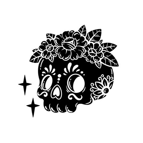 White And Black Artwork, Kawaii Skull Drawing, Sugar Skull Ideas, Halloween Cricut Projects, Skull Digital Art, Skull Flower Art, Cute Sugar Skull, Mexico Tattoo, Halloween Cricut